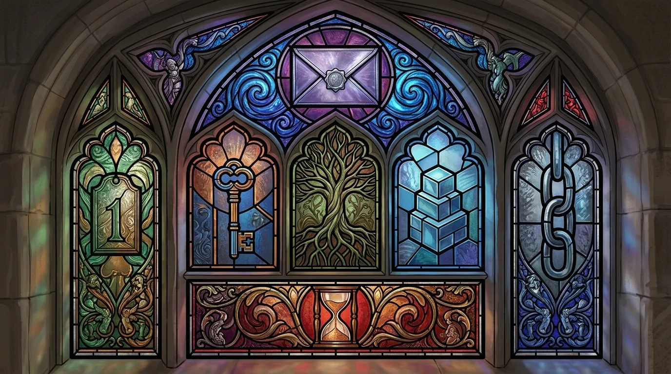 A six-pane lancet window: budget version numeral, key, tree, stacked blocks, chain and hourglass, with the sealed envelope at the apex